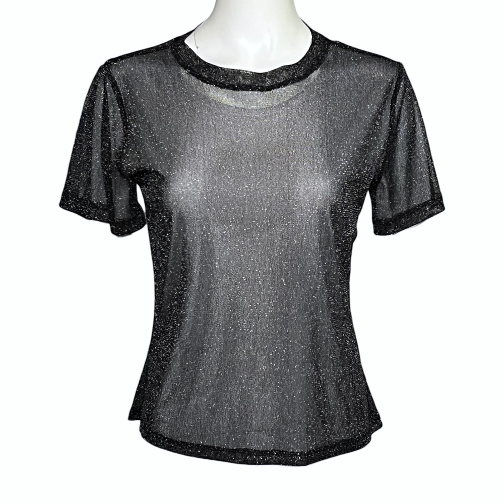 Jonathan Simkhai Standard Shirt Black Silver Metallic Mesh Tee Womens Size Small